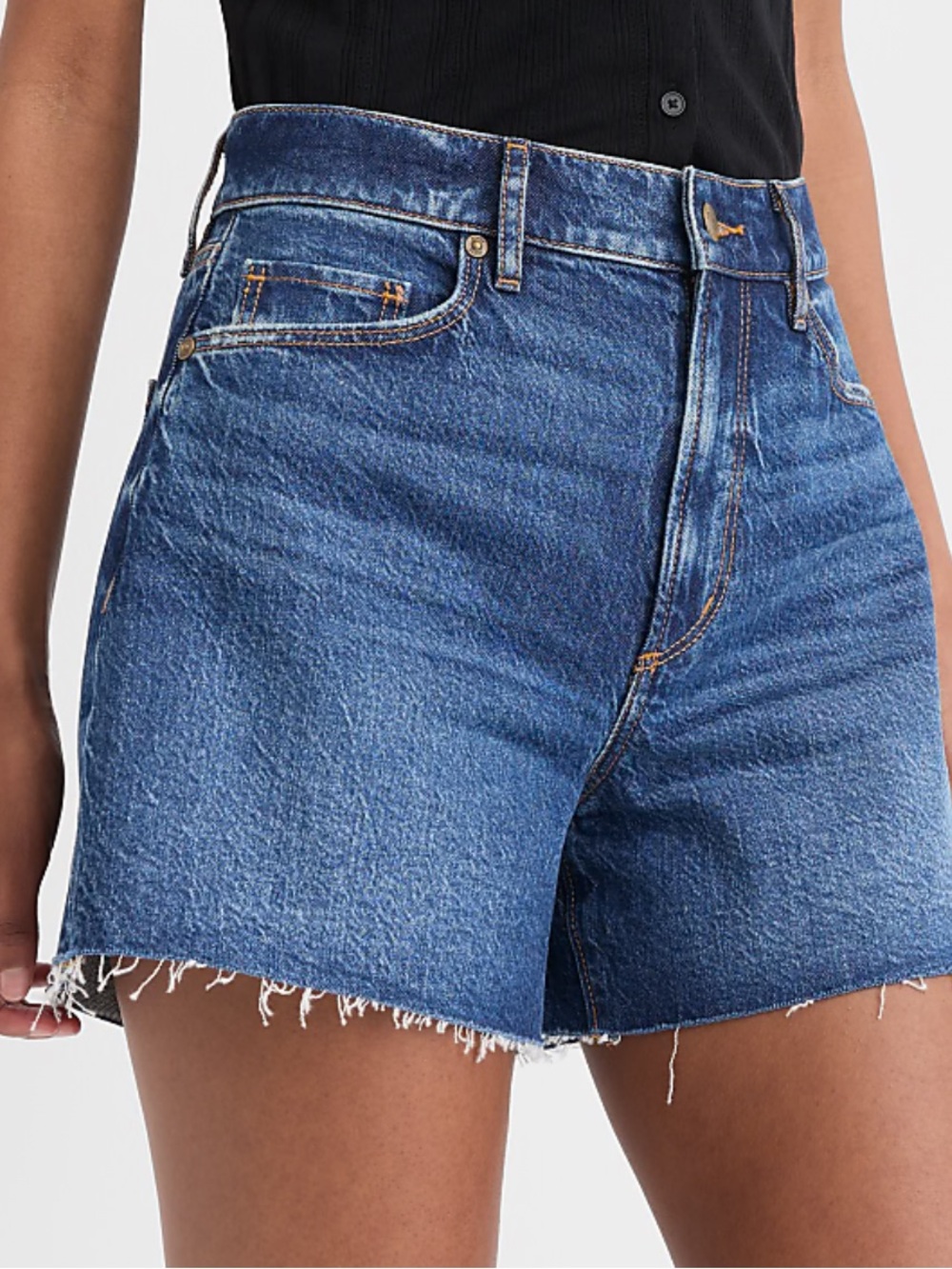LOFT Rivete High-Rise Destructed Cut-Off Denim Shorts in Dark Wash PETITE